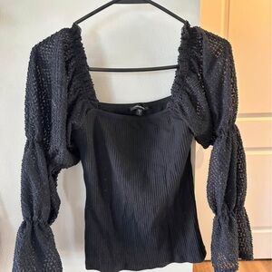 Black Square-Neck Ribbed Tank with Textured Puff Sleeves